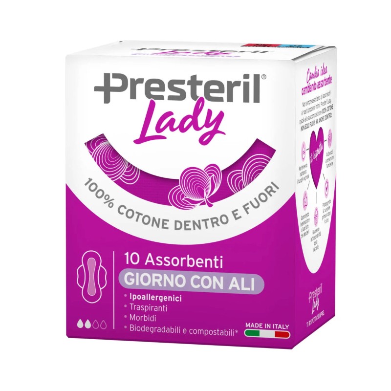 Lady Presteril Assorbenti Esterni Giorno con Ali Puro Cotone, 10 pezzi